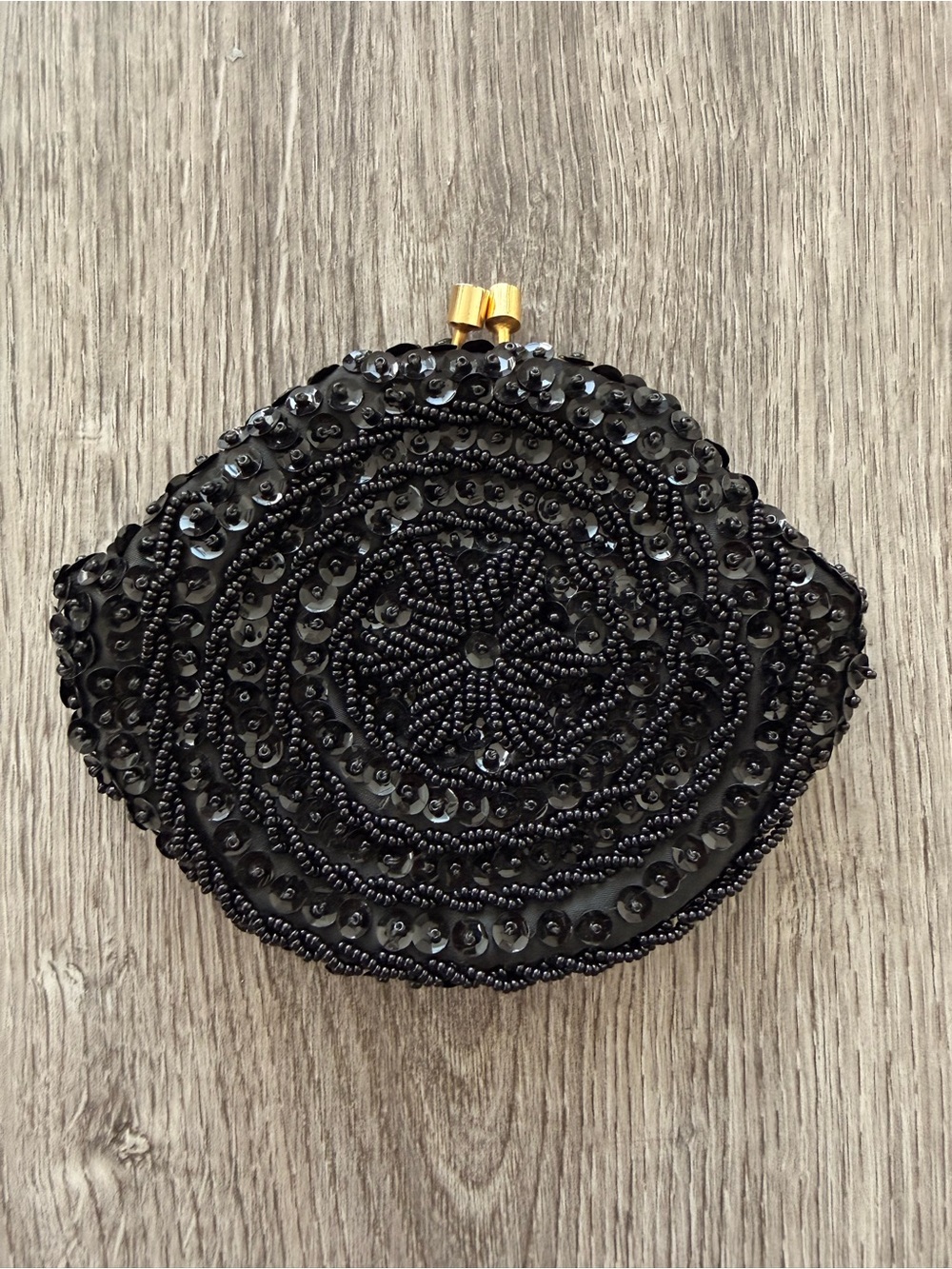Vintage Black Satin Beaded Sequin Coin Purse